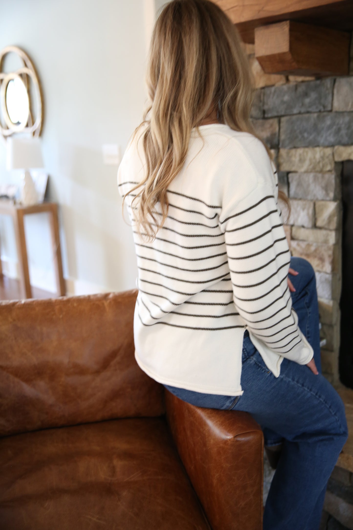 Cream and Olive Striped Sweater