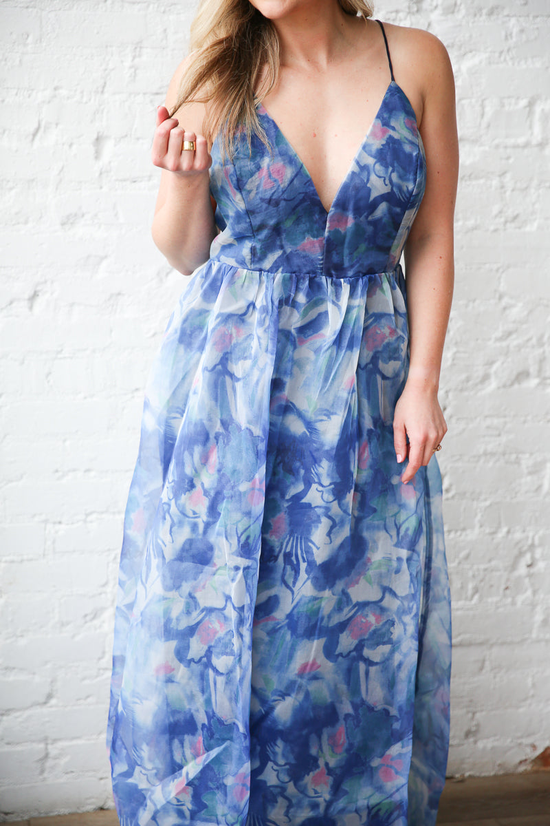 Blue Floral Organza Dress Rental - Size X-Large