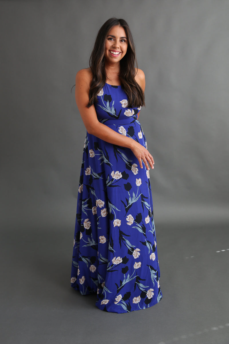 Royal Blue Floral Maxi Dress Rental