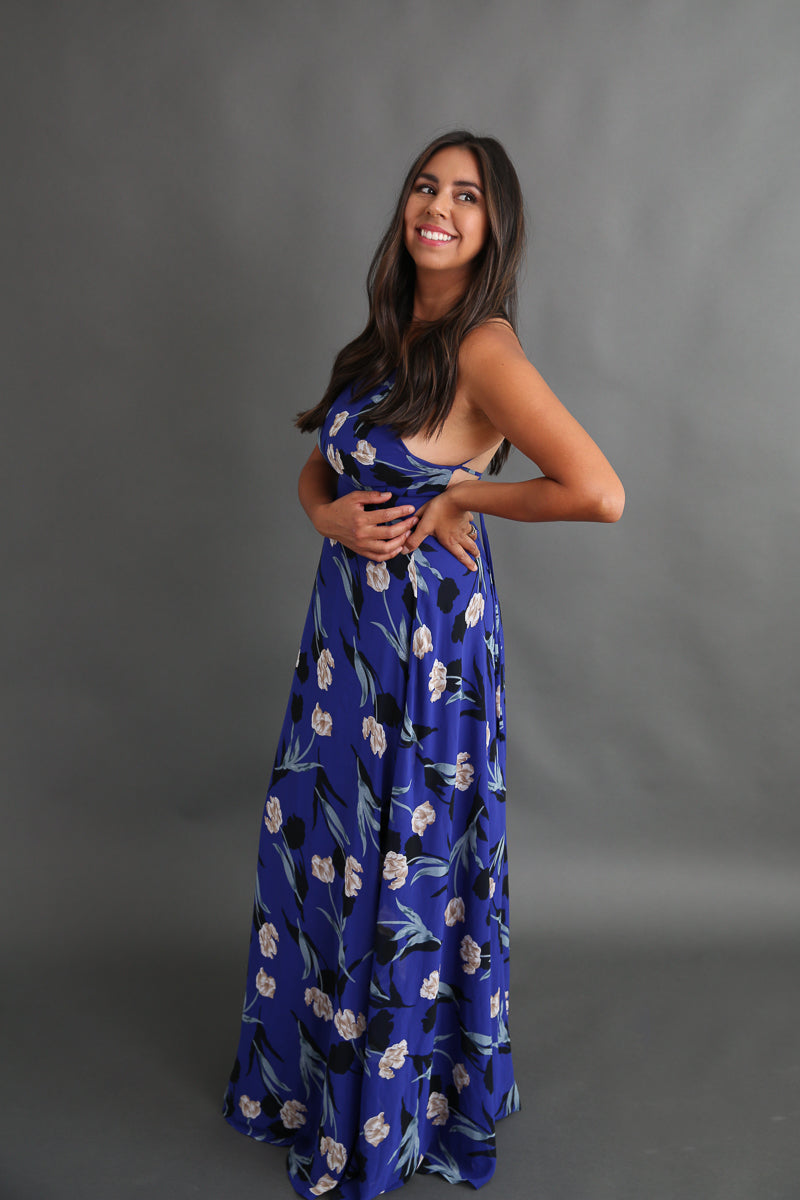 Royal Blue Floral Maxi Dress Rental