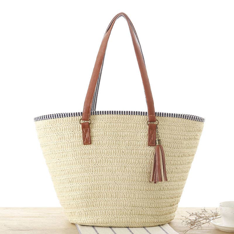 Tassel Pendant Straw Bag Beach Bag - Cotton and Grain