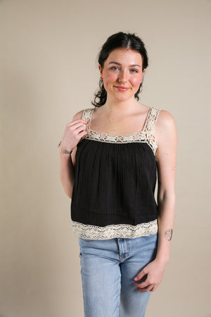 women's black and natural crochet boho top